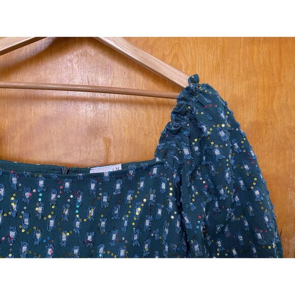 Queen Of Sparkles Green Drop Waist Denim Sequin Dress Puff Sleeves Mini Size M - Picture 4 of 8